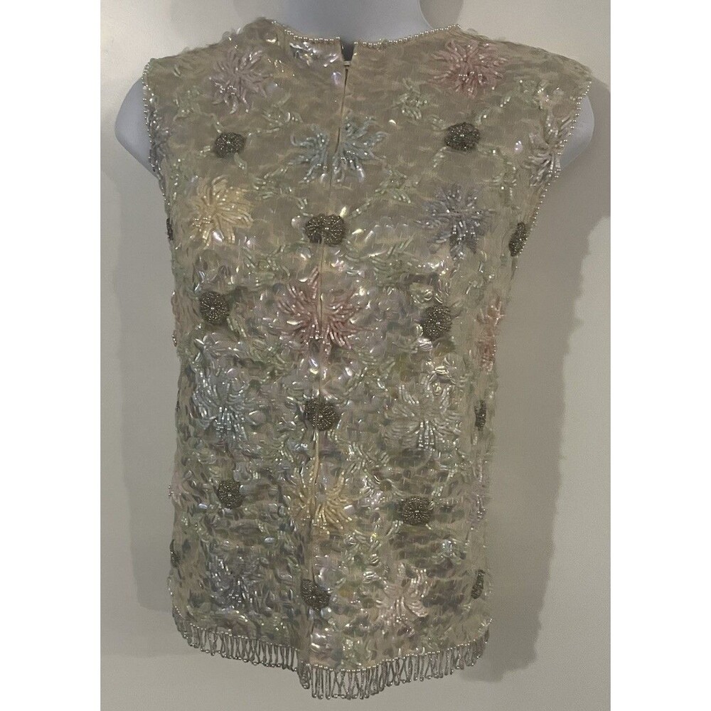 Vtg 1950 - 60  Cardell Beaded Wool Top British Crown Colony Floral Sequin Shell
